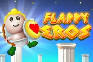 하늘 배경에 날개 달린 캐릭터와 FLAPPY EROS라는 글씨가 있는 이미지