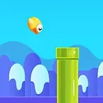 파란 하늘 배경에 노란 캐릭터가 초록색 기둥 사이를 날고 있는 장면