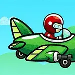 빨간 헬멧을 쓴 작은 캐릭터가 초록색 비행기를 조종하는 모습