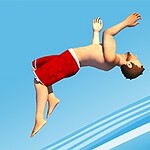 파란 하늘 배경에서 빨간 반바지를 입은 남자가 공중제비를 도는 모습