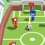 녹색 미니 축구장에서 파란색과 빨간색 로봇 플레이어들이 축구공 주변에 위치한 모습