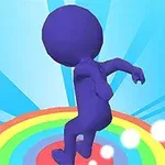 파란색 배경에 무지개색 원 위에 서 있는 보라색 사람 모양의 캐릭터