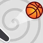 회색 나선형 배경 위에 검은색 플리퍼와 빛나는 주황색 농구공이 있는 이미지