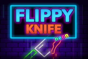 네온 스타일의 FLIPPY KNIFE 문자와 함께 벽돌 배경 위에 칼이 그려져 있는 이미지