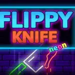 네온 스타일의 FLIPPY KNIFE 문자와 함께 벽돌 배경 위에 칼이 그려져 있는 이미지