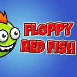 녹색 몸에 주황색 지느러미와 눈에 띄는 이빨을 가진 만화 스타일의 물고기와 빨간색 텍스트가 파란색 배경 위에 있습니다