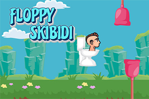 캐릭터가 변기 위에 앉아 날아다니며 장애물을 피하는 만화 스타일의 배경