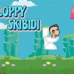 캐릭터가 변기 위에 앉아 날아다니며 장애물을 피하는 만화 스타일의 배경