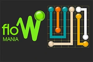 검은 배경 위에 녹색과 흰색으로 된 floW MANIA 텍스트와 다양한 색상의 공들이 연결된 퍼즐 그림