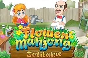 정원에서 물을 주는 여자아이와 팔짱을 낀 남자, Flower Mahjong Solitaire라는 글자가 있는 이미지