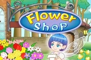 꽃과 나무로 가득한 배경에 Flower Shop이라는 간판과 날개가 있는 파란 머리의 캐릭터가 있는 이미지