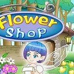 꽃과 나무로 가득한 배경에 Flower Shop이라는 간판과 날개가 있는 파란 머리의 캐릭터가 있는 이미지