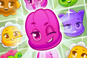 보라색 젤리 캐릭터가 윙크하며 웃고 있고 주변에 다양한 색상의 웃는 얼굴을 가진 캐릭터들이 배치되어 있다