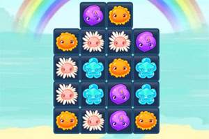 다양한 색상의 꽃 모양 아이콘들이 그리드에 배치되어 있고, 배경에는 무지개가 그려져 있습니다