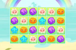 바다 배경 위에 무지개가 뜨고, 다양한 색상의 귀여운 동물 얼굴들이 격자 형태로 배열되어 있다