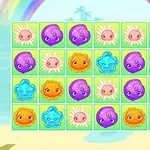 바다 배경 위에 무지개가 뜨고, 다양한 색상의 귀여운 동물 얼굴들이 격자 형태로 배열되어 있다