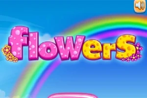 형형색색의 무지개와 구름을 배경으로 꽃 무늬의 알록달록한 flowers라는 텍스트가 있는 이미지