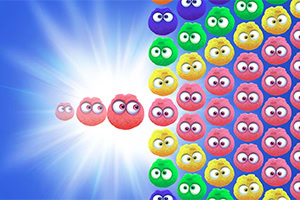 다양한 색상의 눈동자를 가진 둥근 캐릭터들이 빛나는 배경 위에 배열되어 있는 모습