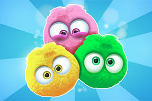 세 가지 색상의 털이 많은 캐릭터들이 밝은 파란색 배경에 모여 있는 모습