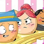 만화 캐릭터로 그려진 얼굴 표정이 다양한 도넛들이 한 줄로 서 있는 모습