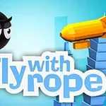 검은 캐릭터가 줄에 매달려 날고 있으며 노란 비행선과 파란 배경이 등장하는 이미지