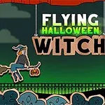 마녀가 빗자루를 타고 호박 등을 들고 날아다니며, 고양이와 묘지, 박쥐가 있는 어두운 배경