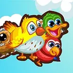 귀여운 만화 스타일의 네 마리 새가 파란 하늘 배경에 모여 있는 이미지