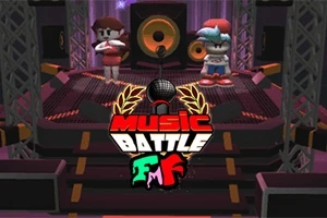 무대 위에 두 캐릭터가 서 있으며, 중앙에 대형 스피커가 보이고 MUSIC BATTLE 로고가 전경에 있습니다