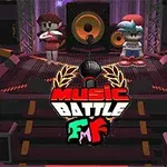 무대 위에 두 캐릭터가 서 있으며, 중앙에 대형 스피커가 보이고 MUSIC BATTLE 로고가 전경에 있습니다