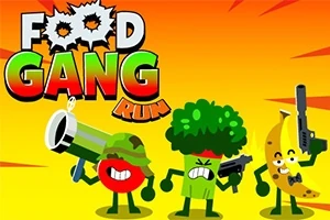 토마토, 브로콜리, 바나나 캐릭터가 무기를 들고 있는 만화 스타일의 이미지