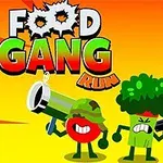 토마토, 브로콜리, 바나나 캐릭터가 무기를 들고 있는 만화 스타일의 이미지