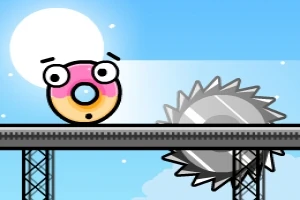 핑크색 아이스크림 도넛 모양의 얼굴이 있는 캐릭터가 기계 톱 근처에 있는 모습