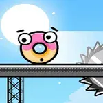 핑크색 아이스크림 도넛 모양의 얼굴이 있는 캐릭터가 기계 톱 근처에 있는 모습