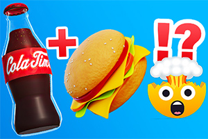 콜라 병과 햄버거가 더해진 모습, 그리고 깜짝 놀란 표정의 캐릭터가 함께 있는 이미지