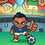 축구공 앞에서 엄지를 들어 올린 채 서 있는 만화 스타일의 남자아이와 뒤쪽에 군중이 나오는 장면