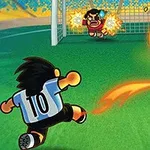 축구장에서 등번호 10번 선수의 불타는 슛을 골키퍼가 막으려 하는 장면