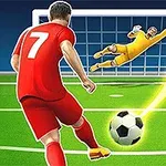 축구 경기에서 빨간 유니폼을 입은 선수가 골키퍼를 상대로 슛을 하고 있다