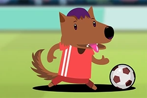 빨간 유니폼을 입고 축구공과 함께 있는 만화 스타일의 늑대 캐릭터