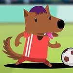 빨간 유니폼을 입고 축구공과 함께 있는 만화 스타일의 늑대 캐릭터