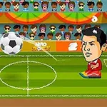 캐릭터 두 명이 축구장에서 공을 차는 모습