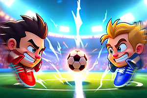 두 명의 만화 스타일 선수들이 축구공을 사이에 두고 서로 대결하는 장면