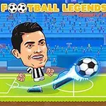 축구 경기장에서 만화 스타일의 두 선수 캐릭터가 큰 머리 상태로 축구공을 차고 있다