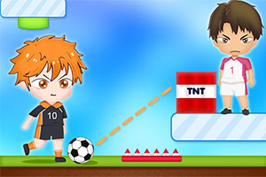 주황색 머리의 캐릭터가 공을 차려고 하는 모습과 맞은편에 다른 캐릭터가 TNT와 함께 서 있는 장면