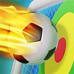 불타오르는 축구공이 녹색과 노란색 과녁을 향해 날아가고 있습니다