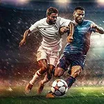 축구 경기 중 두 선수가 공을 두고 치열하게 경쟁하는 역동적인 모습