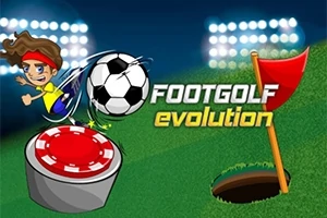 축구공을 차는 캐릭터와 골프 구멍 옆 깃발, 그리고 FOOTGOLF evolution 텍스트