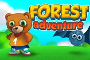 곰 캐릭터와 박쥐가 초원에 서 있고 Forest Adventure라는 제목이 배경에 있는 이미지