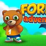 곰 캐릭터와 박쥐가 초원에 서 있고 Forest Adventure라는 제목이 배경에 있는 이미지