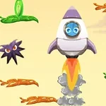 로켓이 중앙에 위치하고 주변에 외계 생명체와 떠있는 섬이 있는 장면