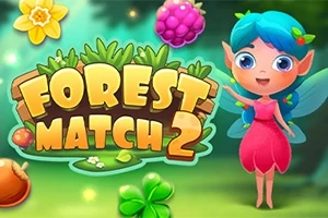 파란 머리를 가진 요정 캐릭터가 오른쪽에 있고, 커다란 FOREST MATCH 2 텍스트가 숲 배경 앞에 있는 이미지